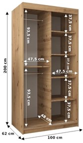 Šatníková skriňa 100 cm Toki 3 (Biela matná + Dub sonoma). Vlastná spoľahlivá doprava až k Vám domov. 1065044