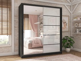 Šatníková skriňa 133 cm Belini čierny mat / biely lesk s posuvnými dverami zrkadlom a zásuvkami  MGB SZP6/1/B/1L5W/KLP