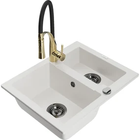 Mexen Carlos, 1,5-komorový granitový drez 582x475x177 mm a drezová batéria Aster, biela, 6518-20-73450-57-B