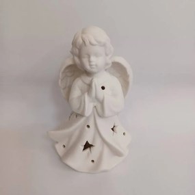 DECOLED Keramický andílek modlící se, 9,3 x 7,6 x 14,9 cm, teple bílá, 2xLR44