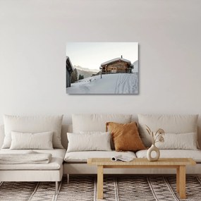 Sklenený obraz - horská chata v snehu (70x50 cm)