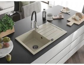 Mexen Bruno, 1-komorový granitový drez 795x495x200 mm a drezová batéria Aster, béžová, 6513-69-73450-07-B