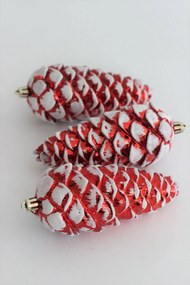 Červeno biele závesné vianočné šišky 14cm 3ks