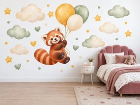 Panda červená s balónikmi horčicové a šalviové akvarelové nálepky na stenu pre deti arch 46 x 35 cm