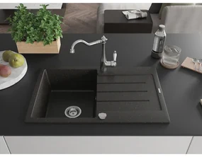 Mexen Bruno, granitový drez 795x495x200 mm, 1-komorový a drezová batéria Carla, čierna-zlatá metalíza, 6513-75-670700-00