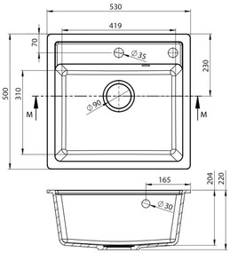Sapho - Kuchynský drez 53x50 cm granit/čierny