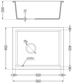 Mexen Pedro, granitový drez 560x460x200 mm, 1-komorový, šedá so zlatým sifónom, 6508561000-71-G