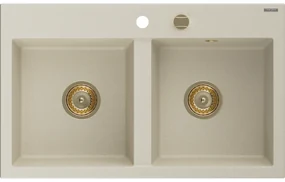 Mexen Hektor, 2-komorový granitový drez 800x480x205 mm, béžová, zlatý sifón, 6521802000-69-G