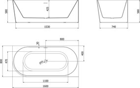 Mexen Mia, voľne stojaca rohová vaňa pravá 160 x 80 cm, biela, biely prepad, 52691608000P-20