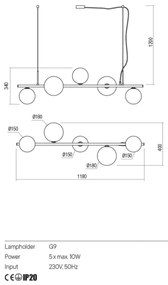Redo 01-2779 - Luster na tyči ROY 5xG9/10W/230V