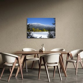 Sklenený obraz - zasnežené hory v zime (70x50 cm)