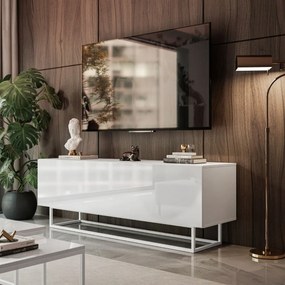 TV STOLÍK ELEGANTE 150 cm BIELY VYSOKÝ LESK + BIELY OCEĽOVÝ PODSTAVEC