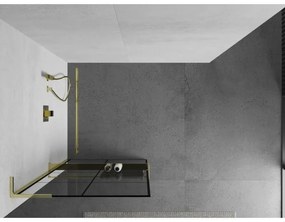 Mexen Kioto+ L, sprchová zástena Walk-In s poličkou a vešiakom 70 x 200 cm, 8mm číre sklo čierny vzor, zlatý lesklý profil,800-070-123-50-77