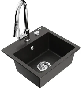Mexen Milo, 1-komorový granitový drez 435x410x171 mm a drezová batéria Elia, čierna-zlatá metalíza, 6505-75-670101-00