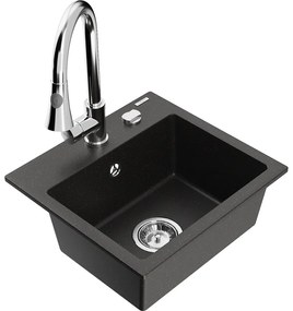 Mexen Milo, 1-komorový granitový drez 435x410x171 mm a drezová batéria Elia, čierna-zlatá metalíza, 6505-75-670101-00