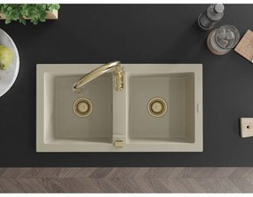 Mexen Mario, 2-komorový granitový drez 820x436x161 mm a drezová batéria Savita, béžová, 6504-69-672601-50