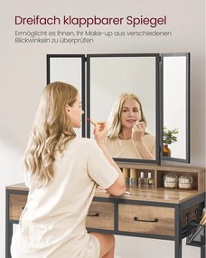 Toaletný stolík s čalúnenou stoličkou, 3 zásuvky, držiak na sušič vlasov, farba dub a čierna