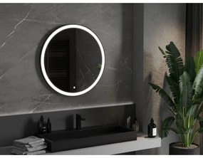 Mexen Esso, okrúhle LED podsvietené kúpeľňové zrkadlo 80 cm, 6000K, vykurovacia podložka proti zahmlievaniu, čierny rám, 9825-080-080-611-70