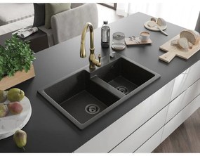 Mexen Tomas, granitový drez 800x500x190 mm, 2-komorový a drezová batéria Savita, čierna-zlatá metalíza, 6516-75-672601-50-B