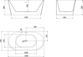 Mexen Oval, voľne stojaca nástenná vaňa 140 x 75 cm, biela, chrómový prepad, 52671407500-01