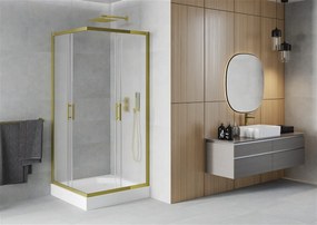 Mexen Rio, štvorcový sprchovací kút s posuvnými dverami 90 (dvere) x 90 (dvere) x 190 cm, 5mm sklo námraza, zlatý profil + biela sprchová vanička RIO, 860-090-090-50-30-4510