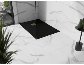 Mexen Stone+, obdĺžniková vanička z minerálneho kompozitu 130 x 70 cm, čierna, zlatá lesklá krytka, 44707013-G
