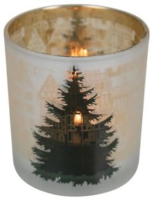 Čiernozlatý sklenený svietnik so stromčekom a domčekmi vel.S - Ø 7*8cm