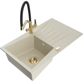 Mexen Cesar, 1-komorový granitový drez 775x470x190 mm a drezová batéria Duo, béžová, 6514-69-671701-57-G