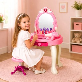 LEAN Toys Detský toaletný stolík so stoličkou, svetielkom, sušičom vlasov, príslušenstvom a zvukmi – ružový
