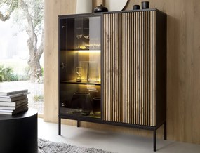 Skrinka s vitrínou Sento, čierna/dub wotan, s osvetlením