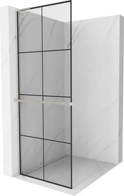 Mexen Kioto+ L, sprchová zástena Walk-In s poličkou a vešiakom 90 x 200 cm, 8mm číre sklo čierny vzor, brúsená oceľ profil, 800-090-123-97-77