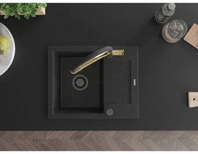 Mexen Enzo, granitový drez 576x465x174 mm, 1-komorový a drezová batéria Duo, čierna-strieborná metalíza, 6506-73-671701-57-B