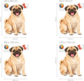Mops s loptičkou a kosťou realistické textilné nálepky na stenu pre milovníkov mopsov arch 32 x 46 cm