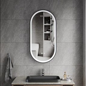 Erga Gwen, oválne LED zrkadlo 40x80cm v čiernom kovovom ráme, 3 farby svetla, predné osvetlenie, vyhrievacia podložka proti zapareniu, ERG-V01-GWEN-4080-BK