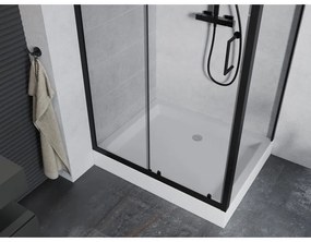 Mexen Apia, sprchový kút s posuvnými dverami 120 (dvere) x 90 (stena) cm, 6mm číre sklo, čierny profil + biela sprchová vanička RIO, 840-120-090-70-00-4510