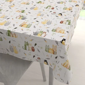 Biante Detský bavlnený obdĺžnikový obrus Sandra SA-652 Mačací svet zeleno-žltý na bielom 50x100 cm