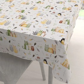 Biante Detský bavlnený obdĺžnikový obrus Sandra SA-652 Mačací svet zeleno-žltý na bielom 50x100 cm