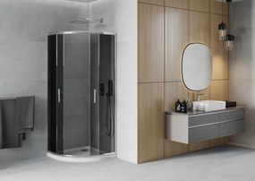 Mexen Rio, štvrťkruhový sprchovací kút s posuvnými dverami 90 x 90 cm, 6mm šedé sklo, chrómový profil + biela sprchová vanička, 863-090-090-01-40-4110