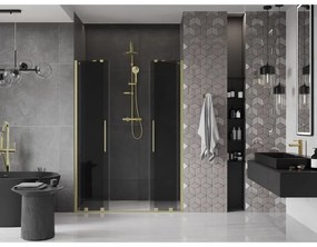 Mexen Velar Duo, posuvné sprchové dvere do otvoru 150 cm, 8mm šedé sklo, zlatá matná, 871-150-000-42-55