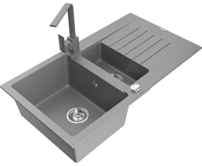 Mexen Matias, granitový drez 900x505x200 mm, 1,5-komorový a šedá batéria Rita, šedá, 6502-71-670300-71