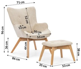 Béžové menčestrové kreslo s podnožkou Niko – Ropez