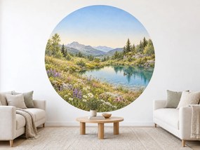 Horské pleso medzi lúčnymi kvetmi okrúhla akvarelová dekorácia s horskou lúkou na stenu arch 46 x 46 cm