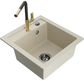 Mexen Vito, 1-komorový granitový drez 490x520x210 mm a drezová batéria Flora, béžová, 6503-69-670401-57-B