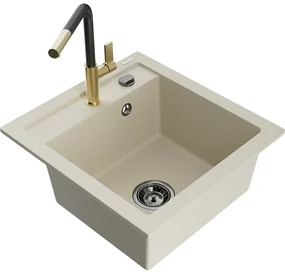 Mexen Vito, 1-komorový granitový drez 490x520x210 mm a drezová batéria Flora, béžová, 6503-69-670401-57-B