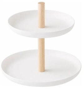Biely stojan s 2 úložnými miskami a detailom z bukového dreva YAMAZAKI Tosca