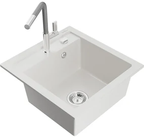 Mexen Vito, 1-komorový granitový drez 490x520x210 mm a drezová batéria Flora, biela, 6503-20-670401-06