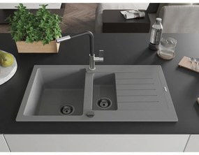 Mexen Matias, 1,5-komorový granitový drez 900x505x200 mm a drezová batéria Flora, šedá, 6502-71-670401-07-B