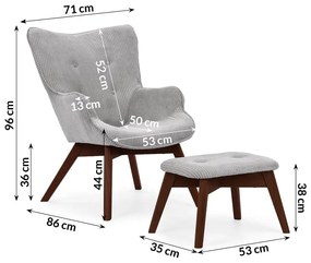 Sivé menčestrové kreslo s podnožkou Niko – Ropez