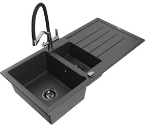 Mexen Andres, granitový drez 1000x500x200 mm, 1,5-komorový a drezová batéria Duo, čierna škvrnitá, 6515-76-671701-07-B