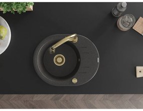 Mexen Kevin, 1-komorový granitový drez 586x458x190 mm a drezová batéria Elia, čierna škvrnitá, 6517-76-670101-50